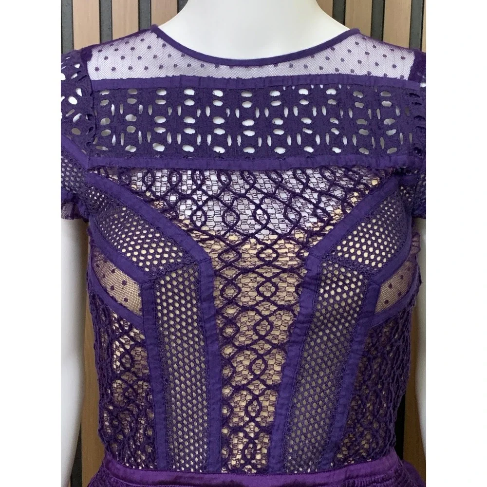 Free People FP One Purple Mixed Lace Mesh Mini Dress Smocked Waist Boho Size 2